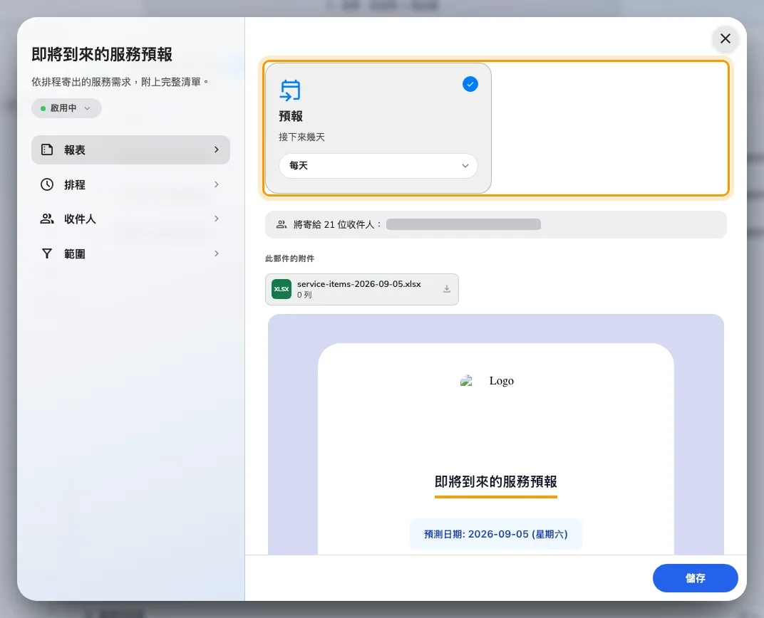 報表頁:這個模組唯一發佈的報表,頻率就在它名稱底下的膠囊裡。