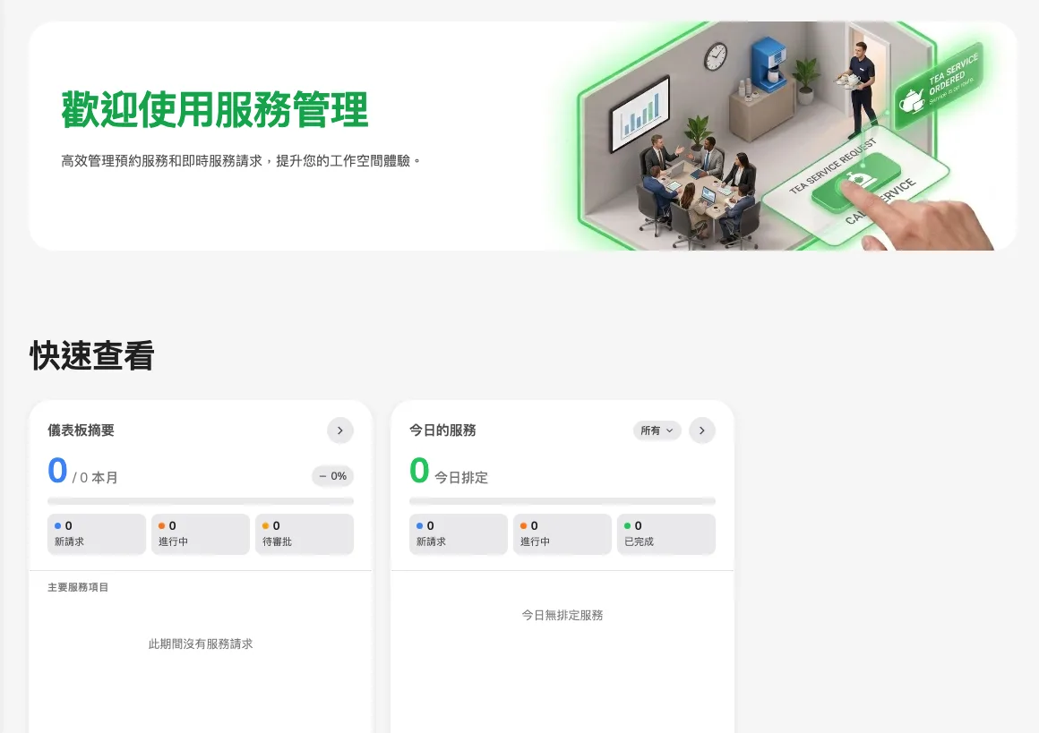 管理主控台的「服務」區段，顯示概覽頁。