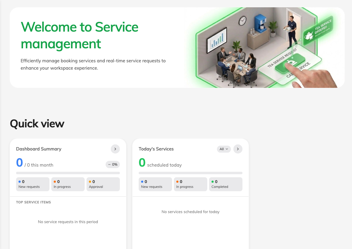 The Service section of the admin console, open on its overview page.