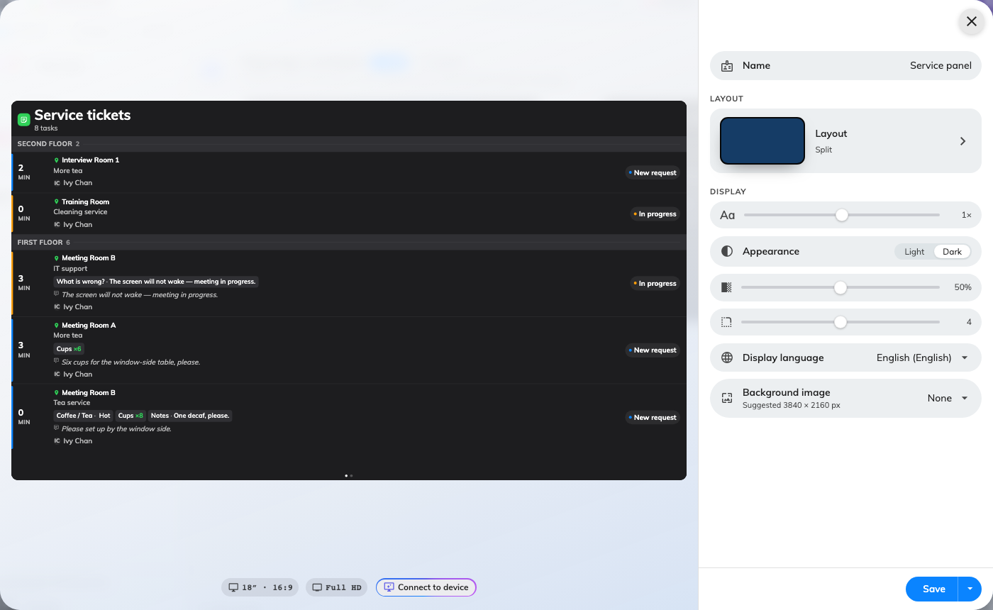 The editor: the queue as the screen will show it, and its settings on the right.