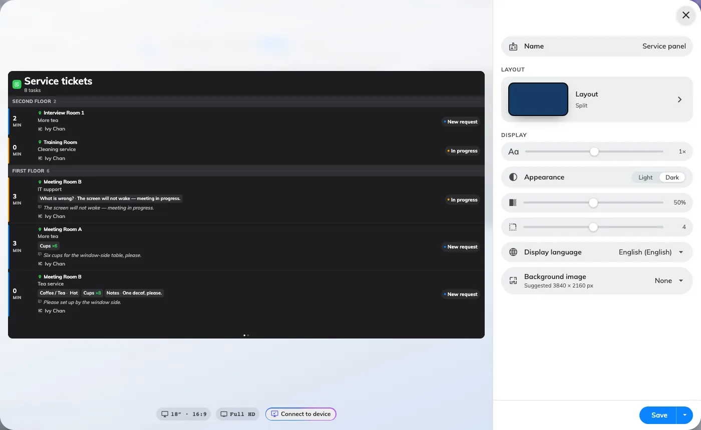 The editor: the queue as the screen will show it, and its settings on the right.