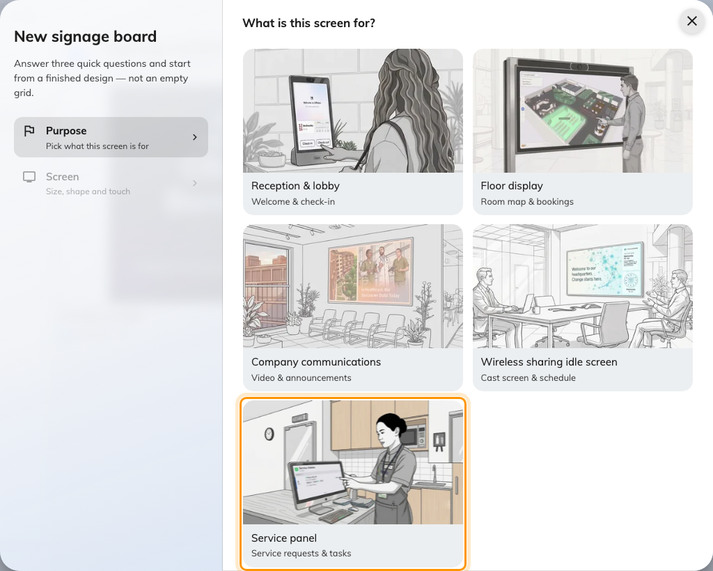 The purpose step, with Service panel — service requests and tasks.