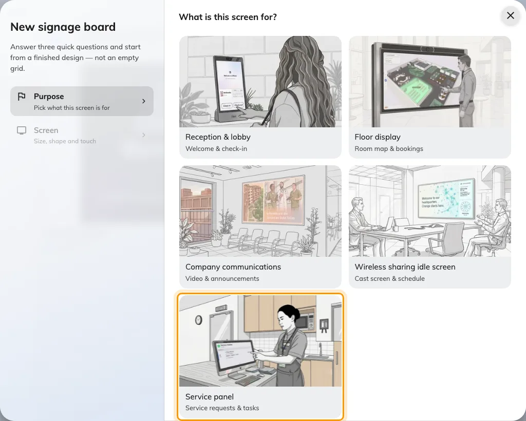 The purpose step, with Service panel — service requests and tasks.