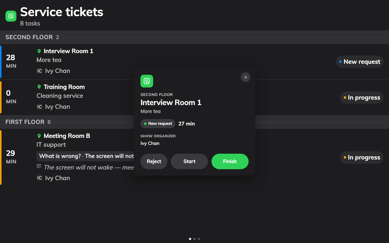 A ticket, opened: everything ordered, and the three buttons that move it.