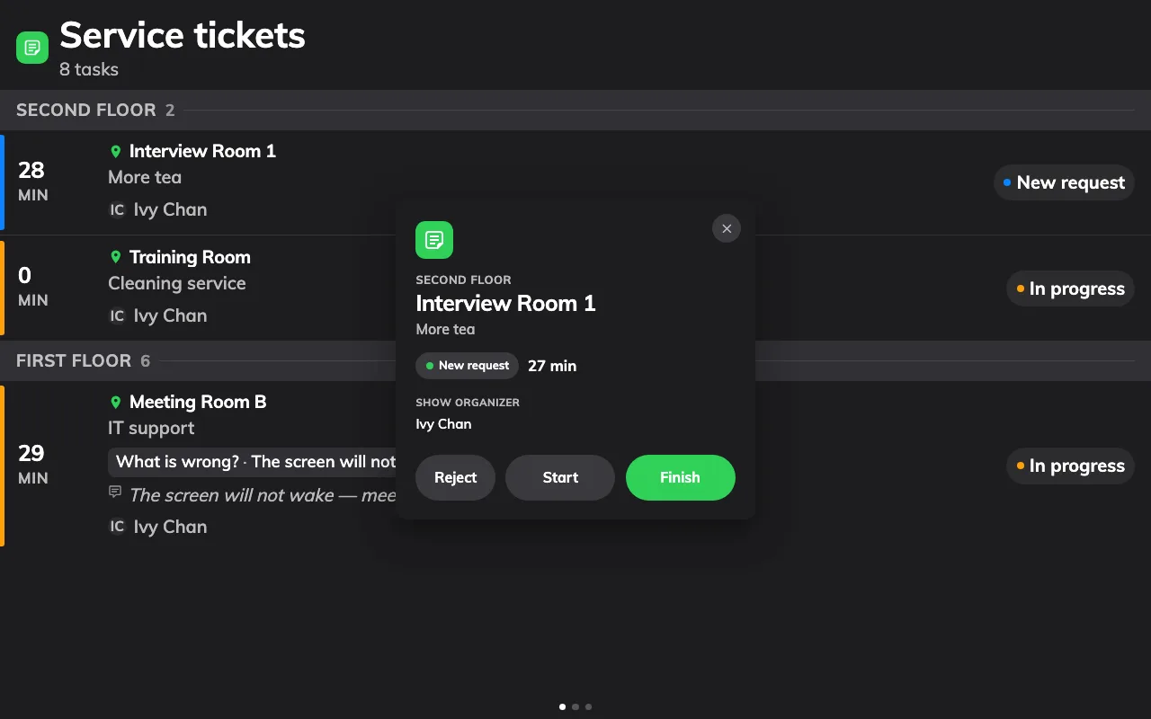 A ticket, opened: everything ordered, and the three buttons that move it.