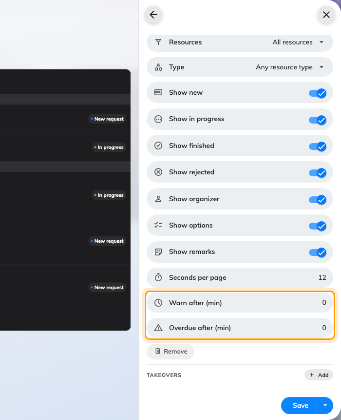 The queue's settings, with the thresholds that drive the timer.