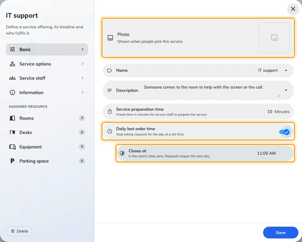 In-use service settings: a photo and a daily last-order deadline.