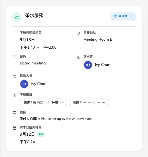 佇列中的一筆要求:要求了什麼、哪一間會議室、狀態,以及由誰負責。