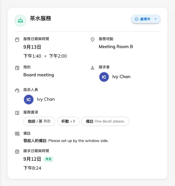 佇列中的一筆要求:要求了什麼、哪一間會議室、狀態,以及由誰負責。