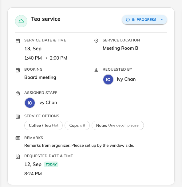 One request in the queue: what was asked for, the room, its status and who has it.
