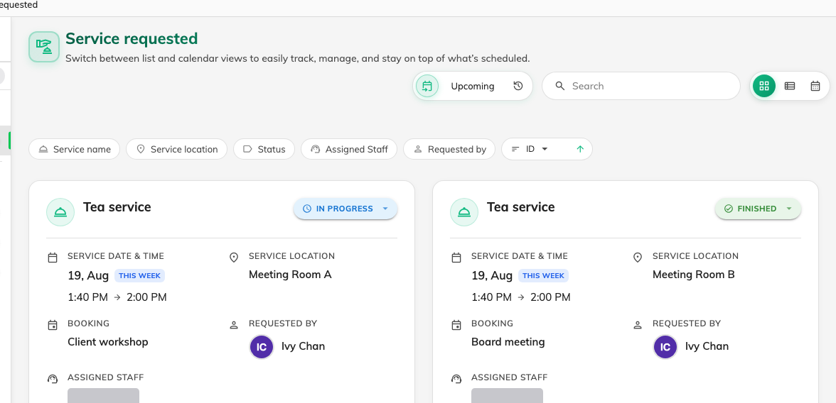 Service requested: every request, what it is on, and where it has got to.