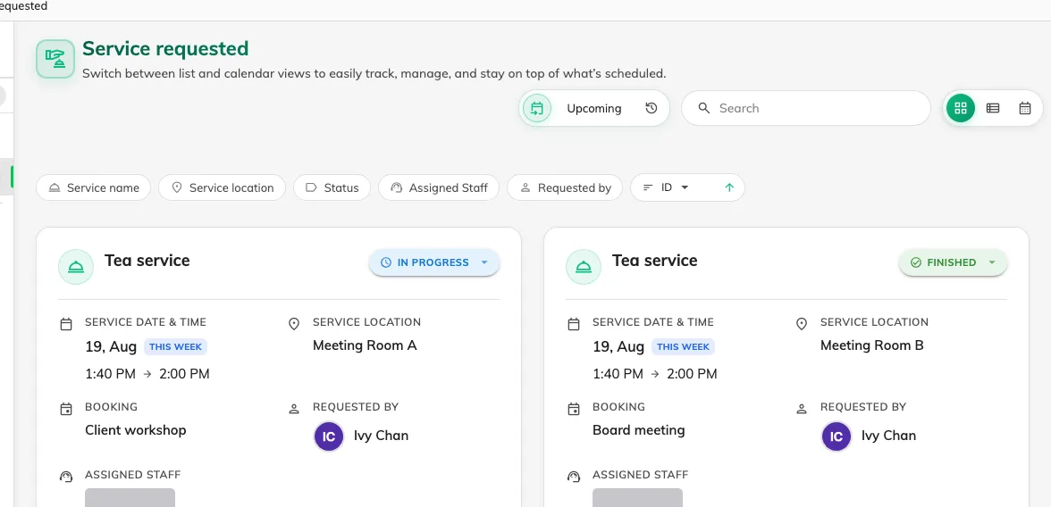 Service requested: every request, what it is on, and where it has got to.