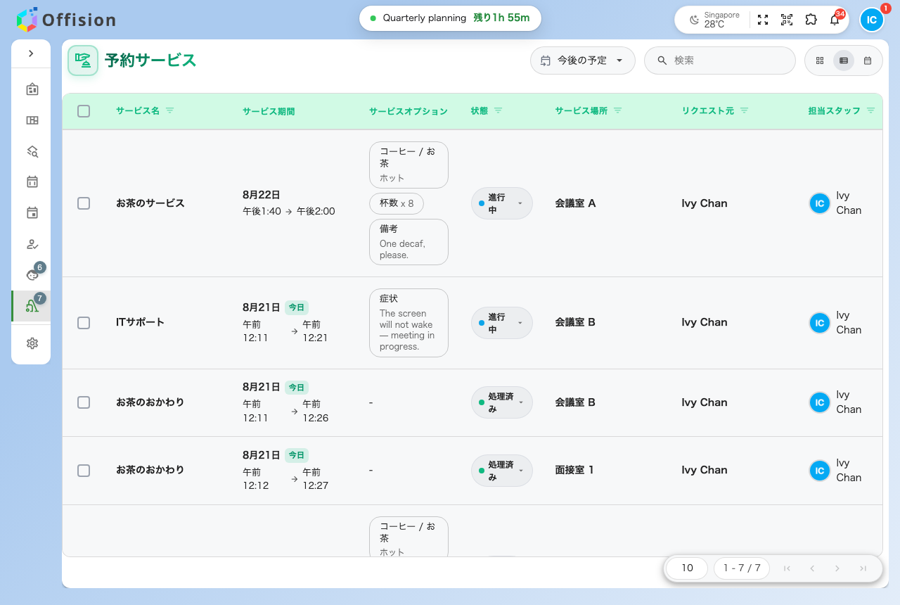 Offision アプリのサービスページ。その日のサービスリクエストを状態つきで一覧表示している。