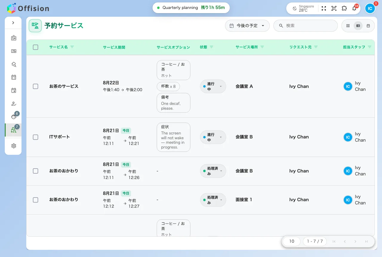 Offision アプリのサービスページ。その日のサービスリクエストを状態つきで一覧表示している。