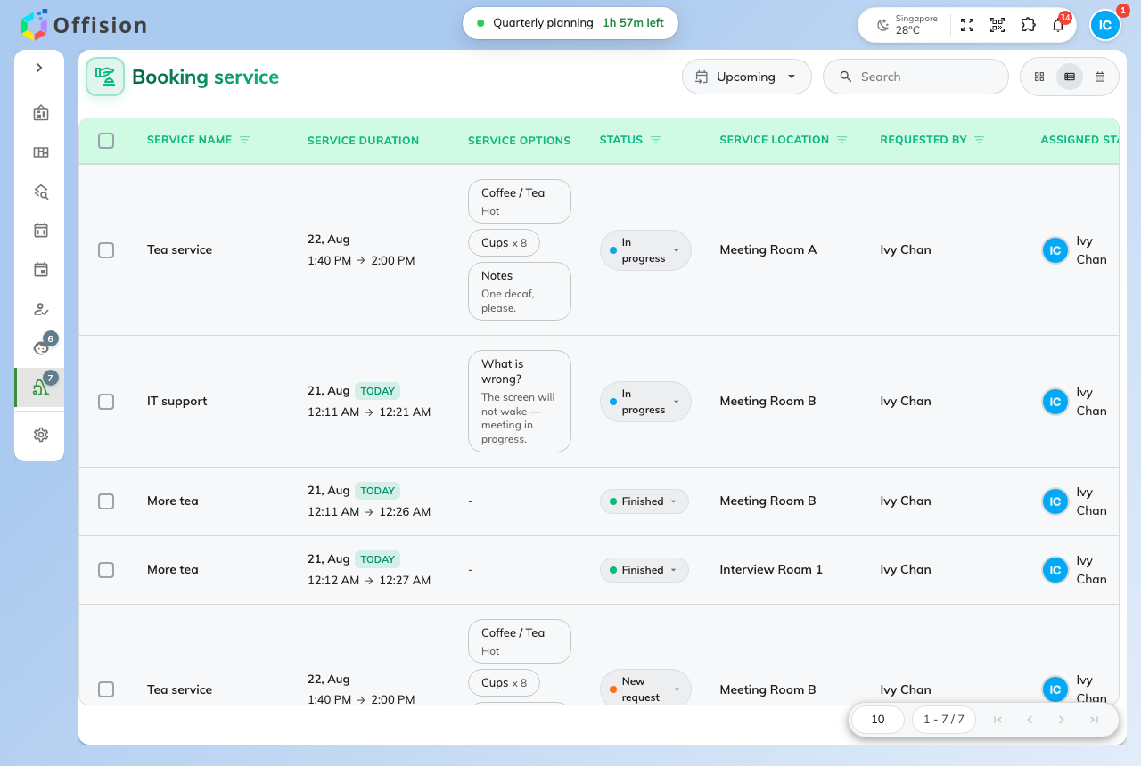 The Service page in the Offision app, listing the day’s service requests with their status.