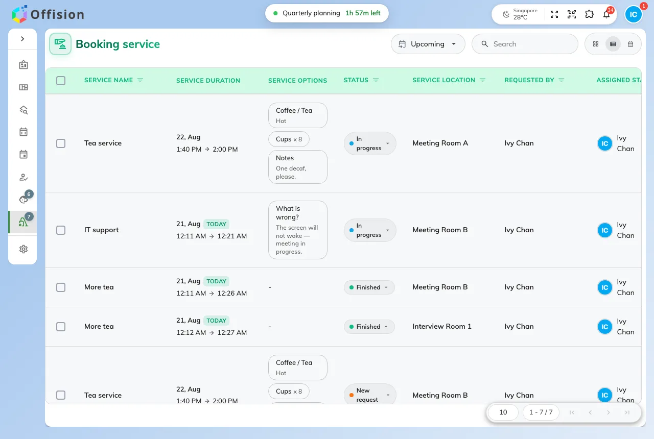 The Service page in the Offision app, listing the day’s service requests with their status.