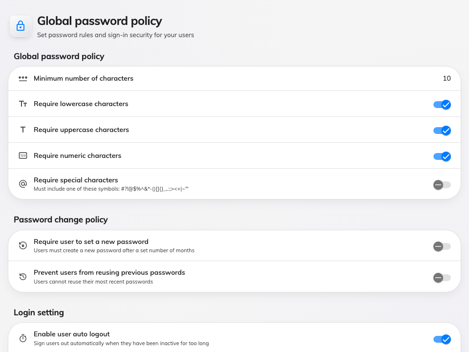 Global password policy — the rules for Offision passwords.