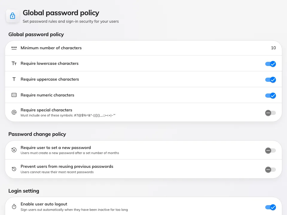 Global password policy — the rules for Offision passwords.