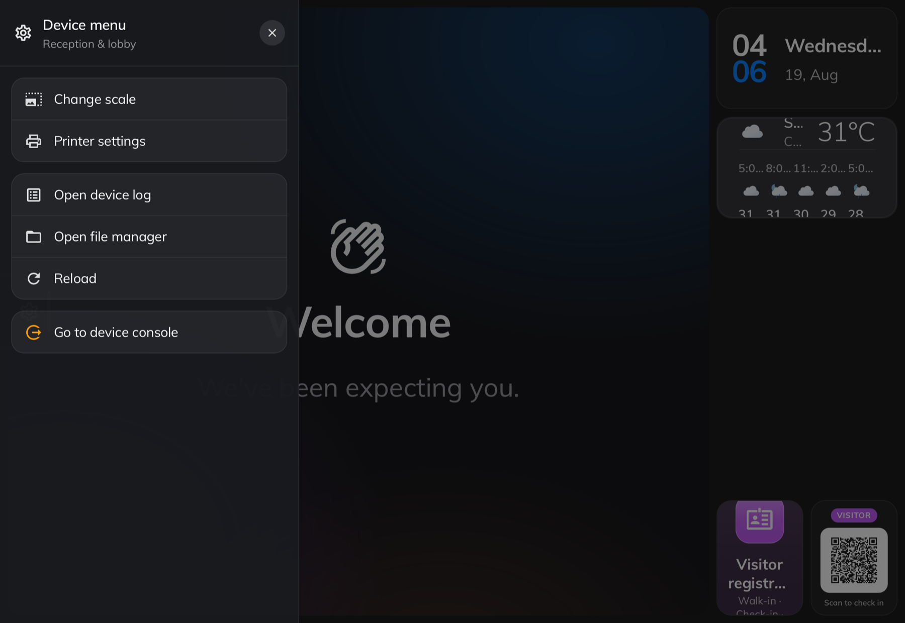The device menu, pulled out from the left edge — Printer settings is the row with the printer icon.