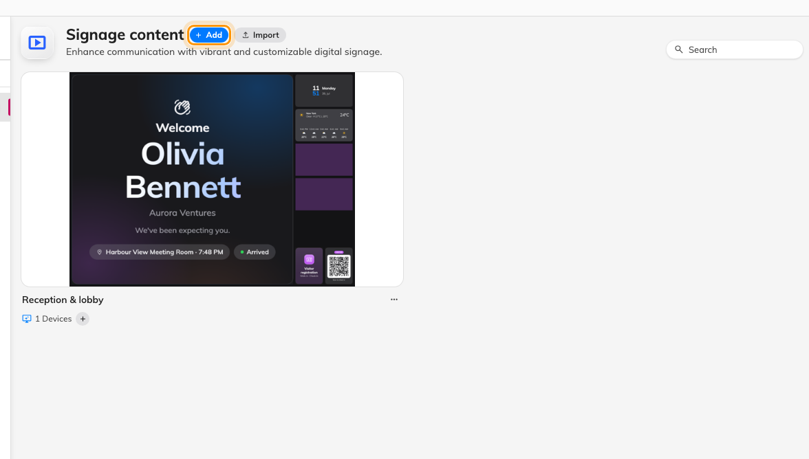 The signage content list, and the button that starts a new board.