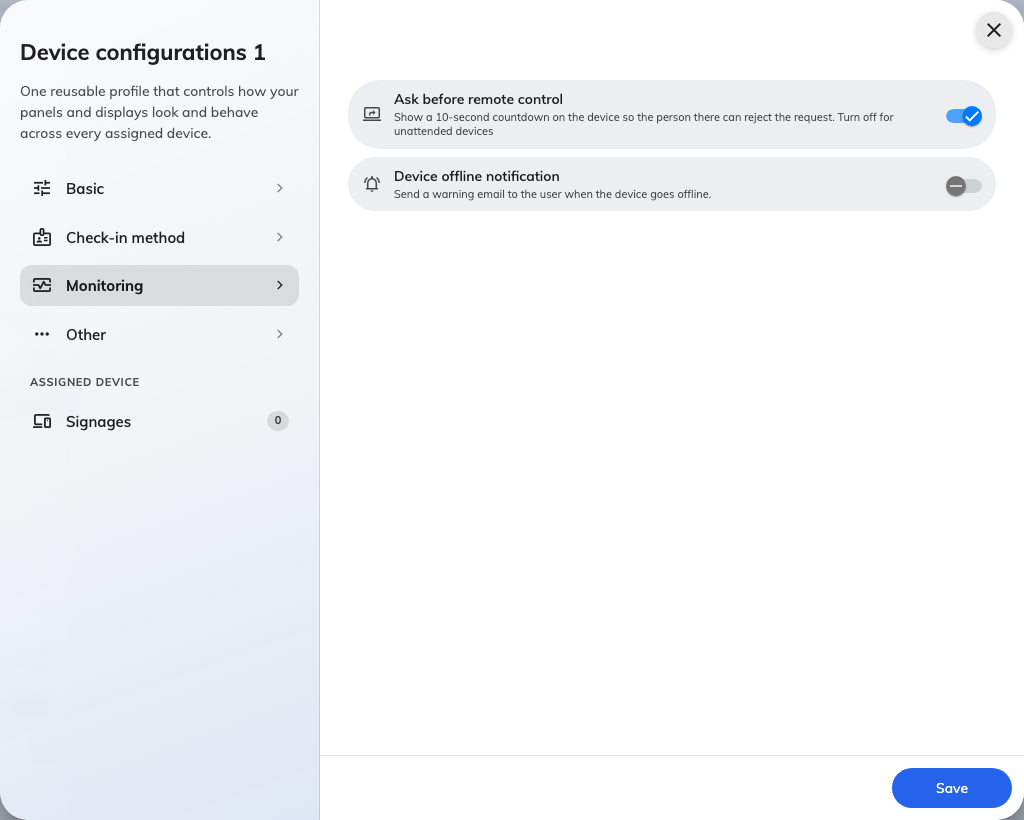 The same Monitoring page on a signage configuration.