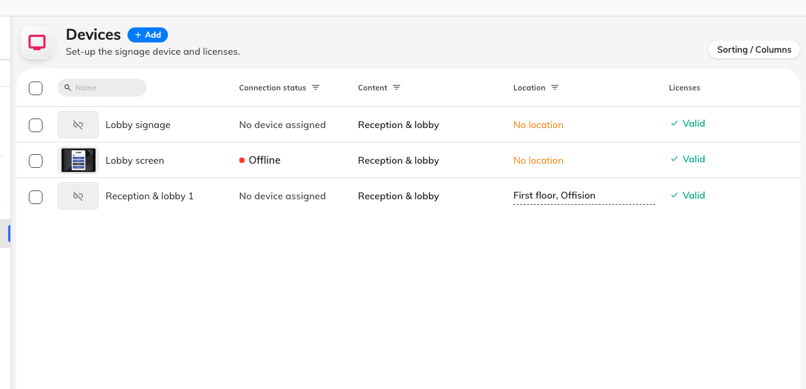 The signage device list. Connection status is where a paired screen reports in.