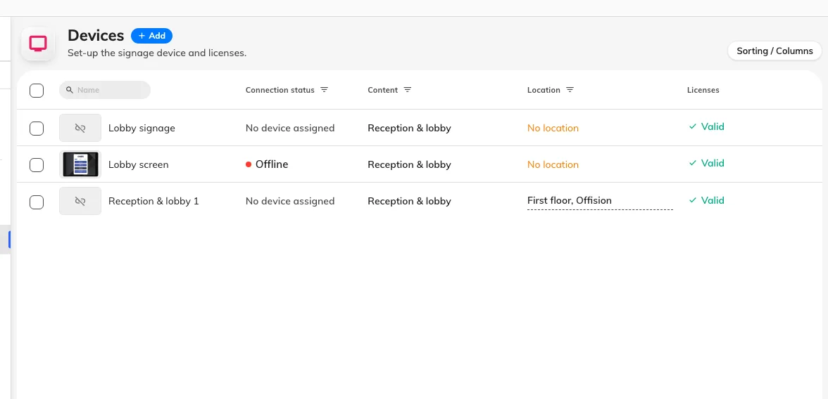 The signage device list. Connection status is where a paired screen reports in.