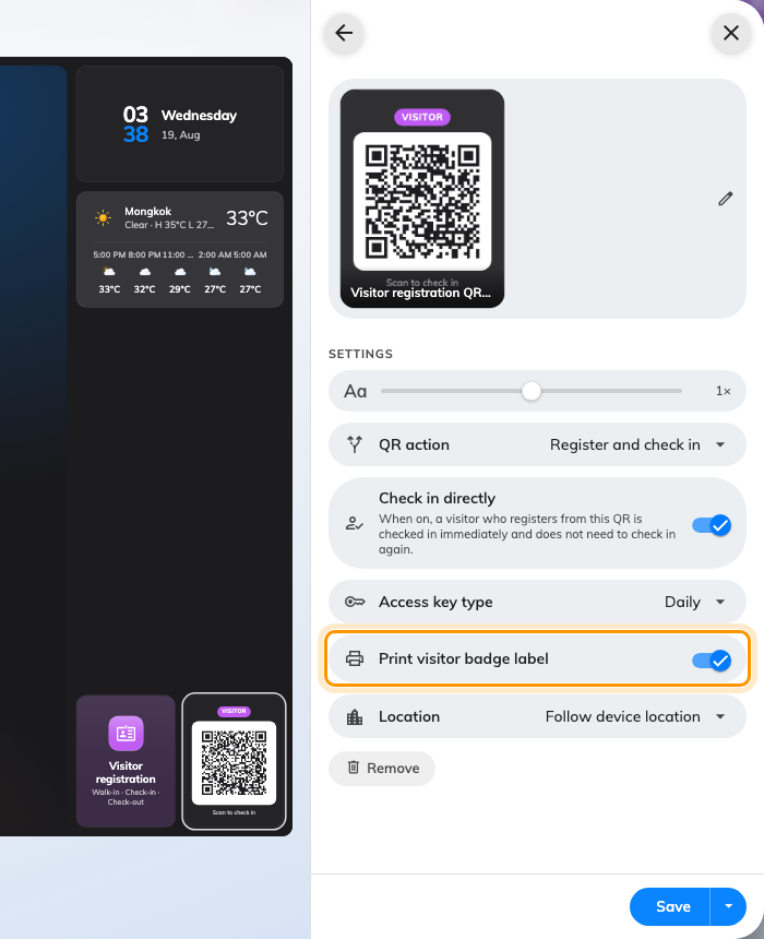 Print visitor badge label, on the QR code widget's settings in the content editor.