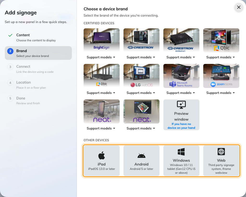 Other devices, under the certified tiles: iPad, Android, Windows and Web.