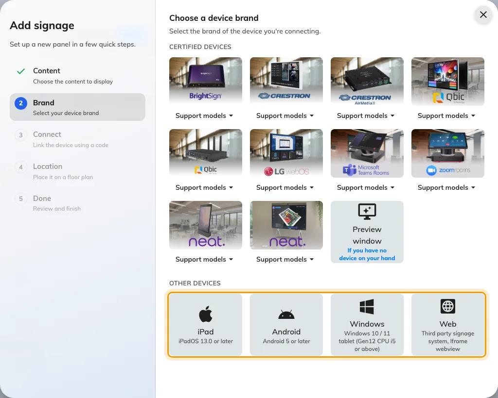 Other devices, under the certified tiles: iPad, Android, Windows and Web.