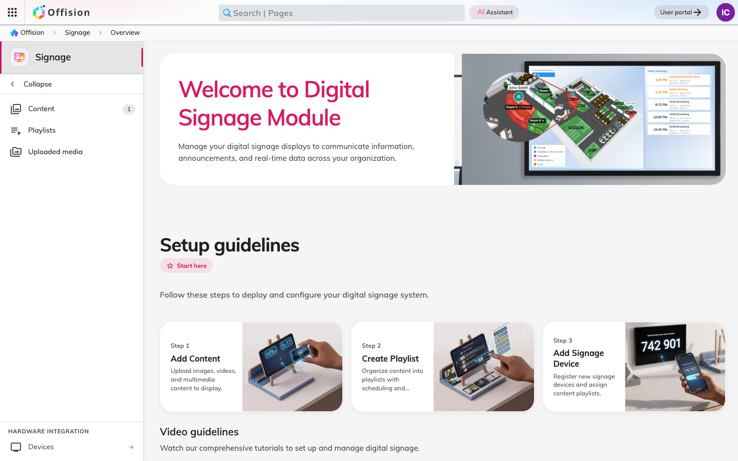 The Signage section of the admin console, open on its overview page.