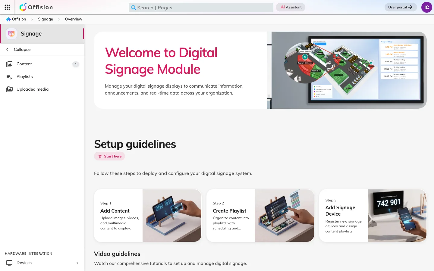 The Signage section of the admin console, open on its overview page.