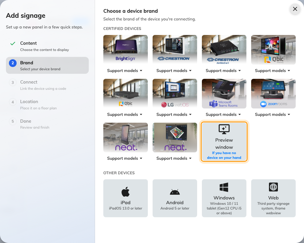 Preview window, after the certified brands — a player in a tab, with a code that is not the screen's.
