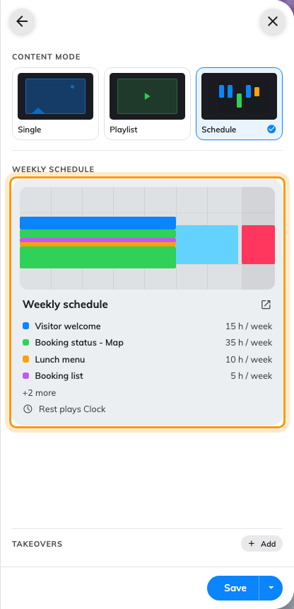 The Weekly schedule card: each widget's colour, its hours a week, and what plays the rest of the time.