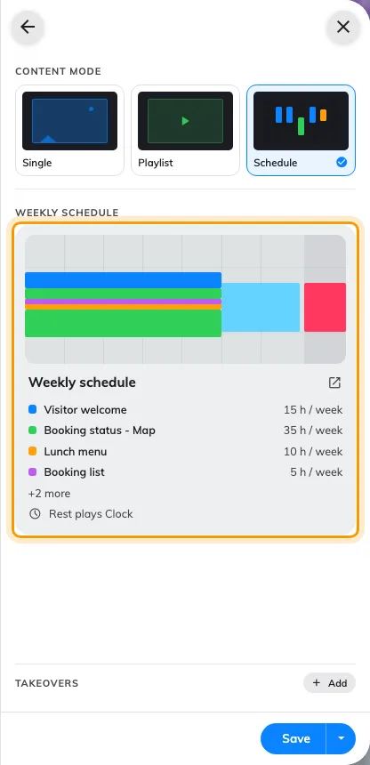 The Weekly schedule card: each widget's colour, its hours a week, and what plays the rest of the time.