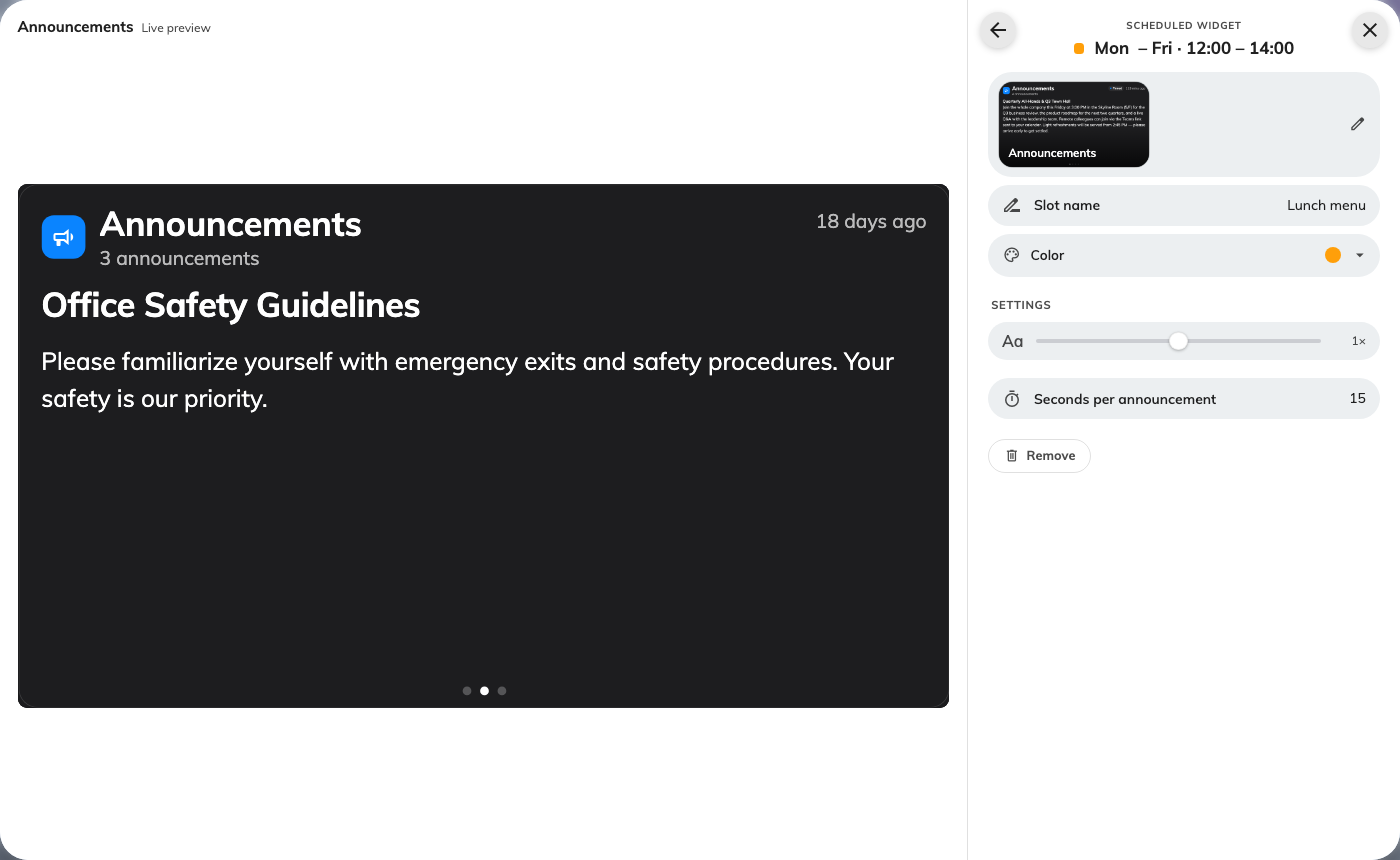 A scheduled widget, titled by the hours it holds, beside a live preview of what it will play.
