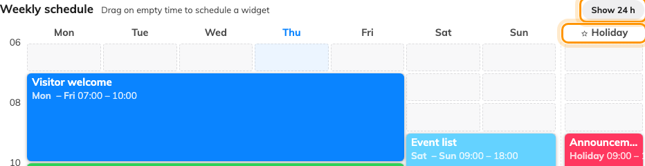 Show 24 h opens the night hours; the starred column beyond the gap is Holiday.