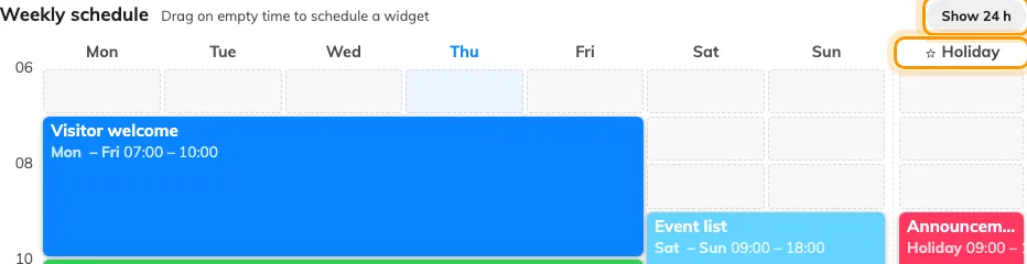 Show 24 h opens the night hours; the starred column beyond the gap is Holiday.