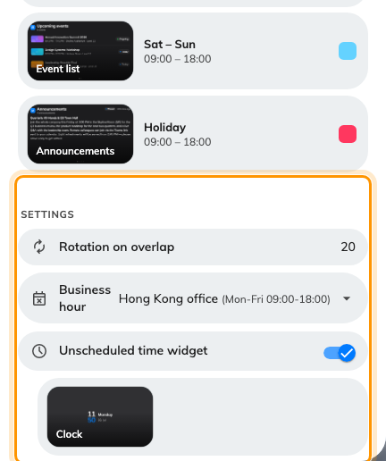 The three settings under the list: the overlap dwell, the calendar the Holiday column follows, and what plays when nothing is scheduled.