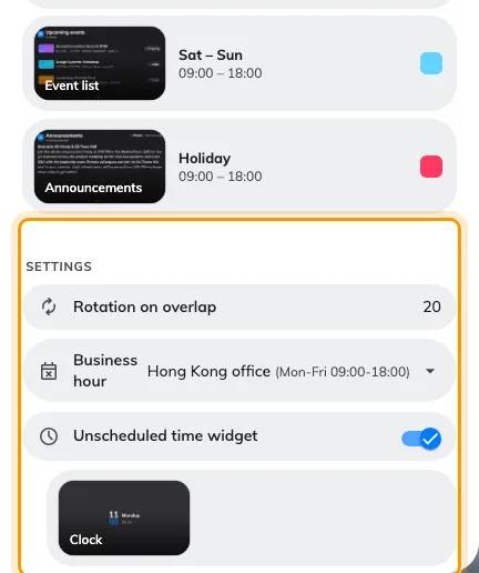 The three settings under the list: the overlap dwell, the calendar the Holiday column follows, and what plays when nothing is scheduled.