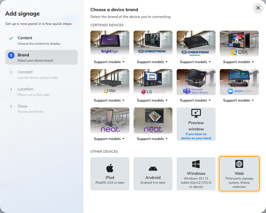 Web — third party signage system, iframe webview — last in the Other devices row.