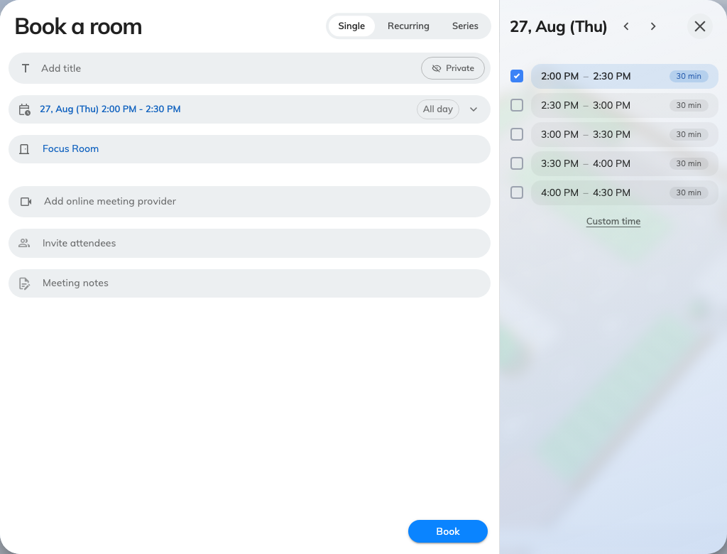 A room with its own half-hour list, replacing the company grid.
