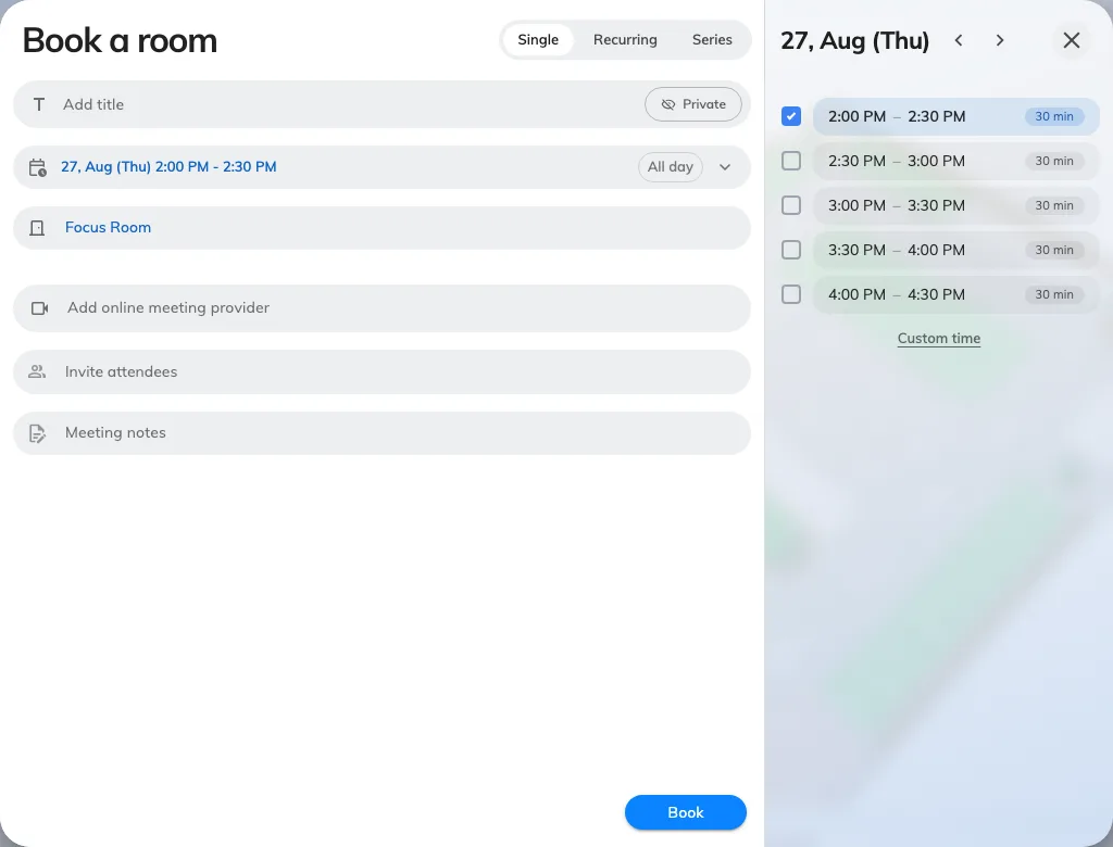A room with its own half-hour list, replacing the company grid.