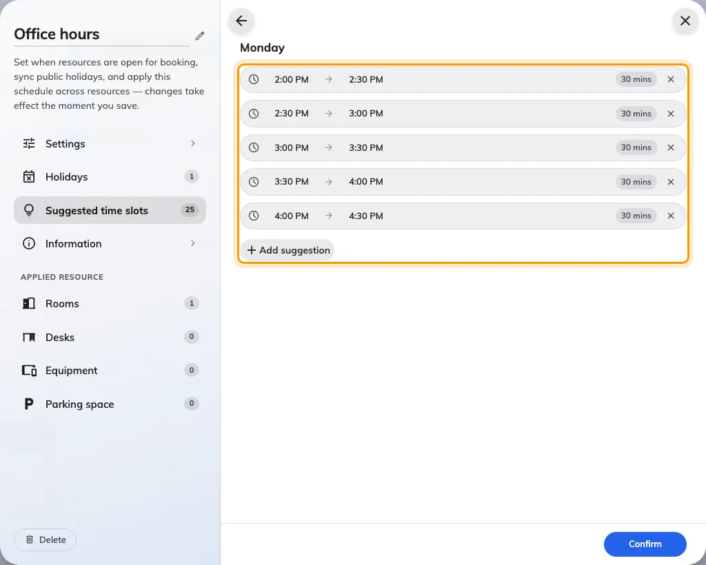 One weekday's blocks on a schedule — half hours, where the company grid runs in whole ones.