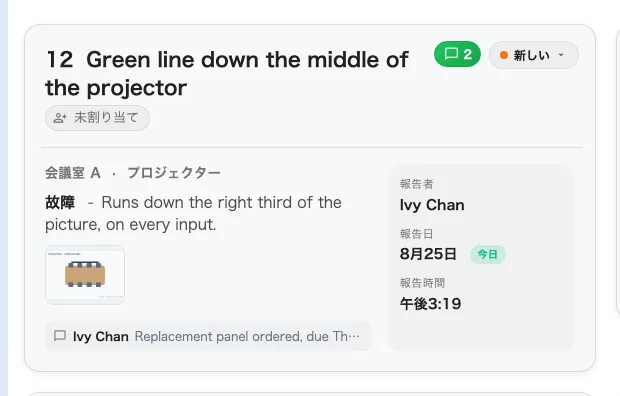 1 枚のチケット。ルーム、何が起きているか、写真、そして報告者。