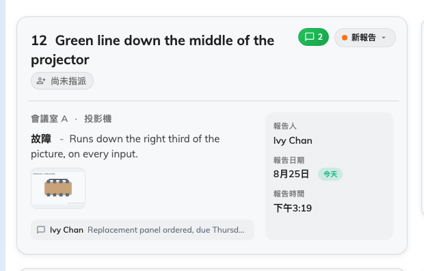 一張工單：房間、出了什麼事、照片，以及匯報的人。