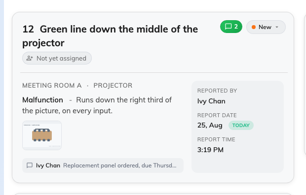 One ticket: the room, what is wrong, the photographs, and who reported it.
