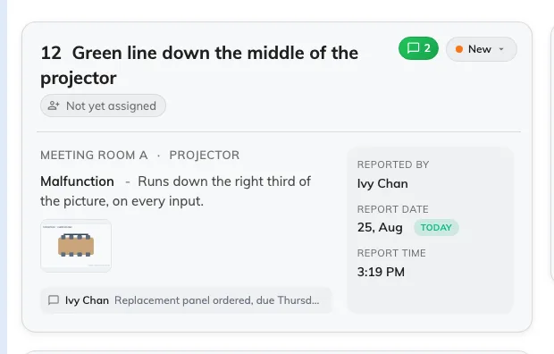 One ticket: the room, what is wrong, the photographs, and who reported it.