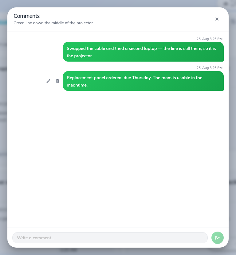The comment thread on a ticket. Your own comments sit on the right.