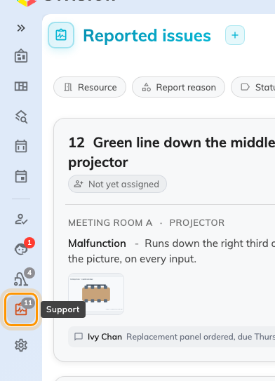 The app's left menu. Support carries a count of the issues still open.
